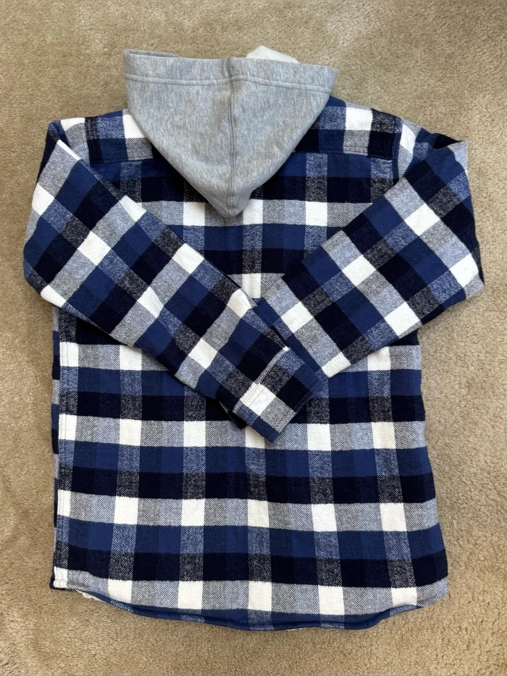 GAP Sz XXL (13/14) Unisex Blue, Navy & White Plaid Hooded Shirt Jacket